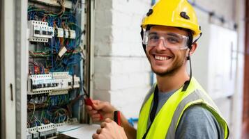 The technician working on electrical panels with a smile and safety gear. photo