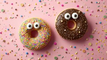 The playful donuts with googly eyes surrounded by colorful sprinkles. photo