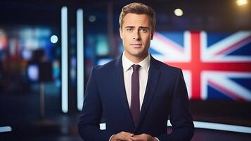 A man in a suit and tie standing in front of a british flag photo