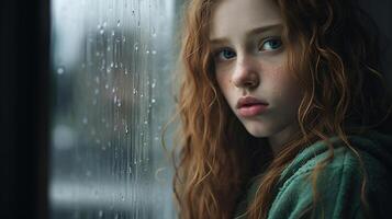 A young girl with red hair looking out the window photo