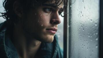 A young man looks out the window while looking at the rain photo