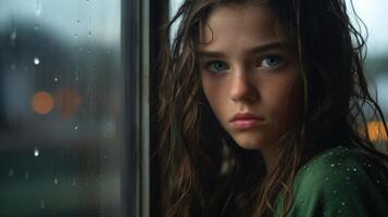 A young girl looks out the window while it rains photo