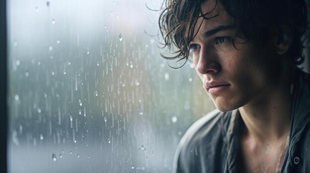 A young man is looking out the window while it is raining photo