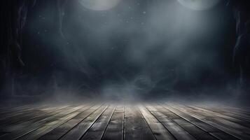 Dark halloween background with wooden floor and fog photo