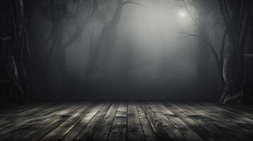 Dark forest with wooden floor and light photo