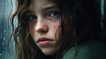 A young girl looks out the window while standing in the rain photo