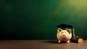 Piggy bank with graduation cap and books on green background photo