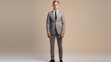 A man in a suit standing in front of a beige background photo