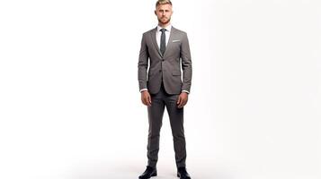 A man in a suit standing in front of a white background photo