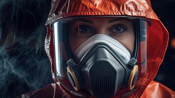A woman wearing a gas mask and a red jacket photo