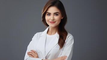 Portrait of a beautiful young female doctor standing with her arms crossed on a gray background photo