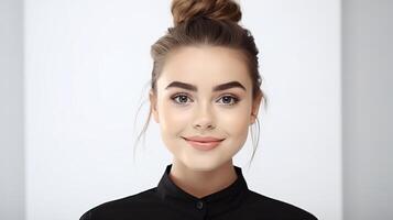 A woman with a top knot bun in her hair photo