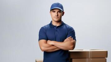A man in a blue shirt and cap standing with boxes photo
