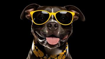 A dog wearing sunglasses and a bandana photo