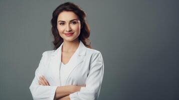 Portrait of a beautiful young woman in white lab coat standing with arms crossed over gray background photo