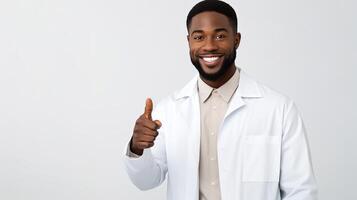 A smiling black man in a lab coat giving the thumbs up photo
