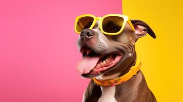 A dog wearing sunglasses on a colorful background photo