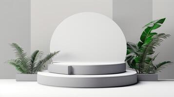 A white podium with plants in front of it photo