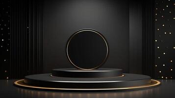 Black and gold podium with a round mirror on it photo