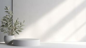 White wall with plant and vase on white floor photo