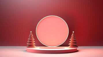 3d render of a christmas tree and a round mirror on a red background photo