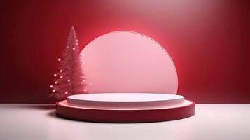 Christmas tree and empty podium with red background 3d rendering photo