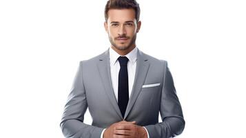 A man in a suit and tie standing with his hands crossed photo