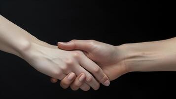 Two people shaking hands on a black background photo