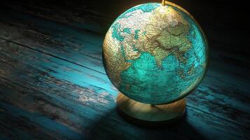 A globe on a wooden table with a light shining on it photo