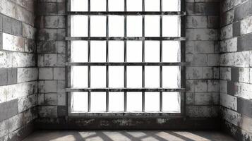 An empty prison cell with a window and bars photo