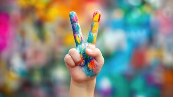A child's hand is holding up a peace sign with paint photo