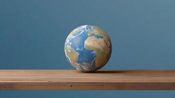 Earth globe on wooden table with blue background photo