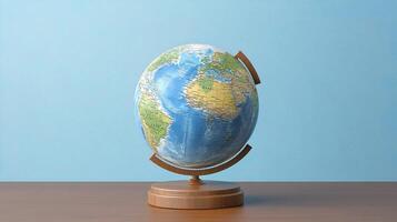 A small globe on a wooden stand on a table photo