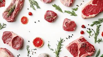 Meat and vegetables arranged on a white surface photo