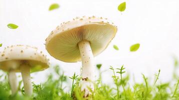 Two mushrooms are standing in the grass photo