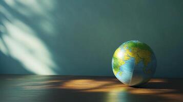 A globe sitting on a table in front of a wall photo