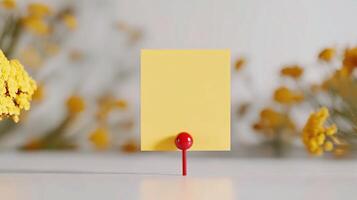 A yellow sticky note on a table with flowers photo