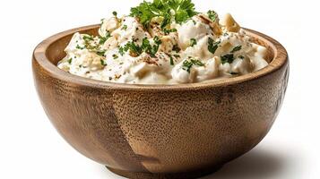 A bowl of creamy mashed potatoes with parsley photo
