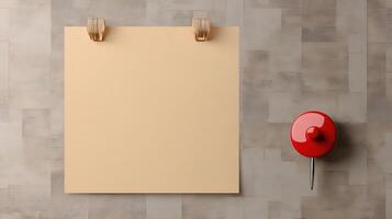 A red button and a piece of paper on a wall photo