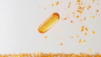A capsule is floating in the air with gold flakes photo