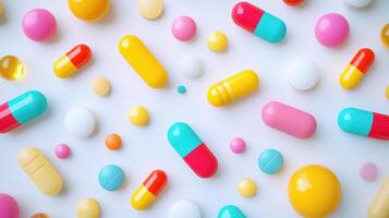Many colorful pills and tablets on a white surface photo