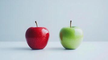 Two red and green apples on a white surface photo