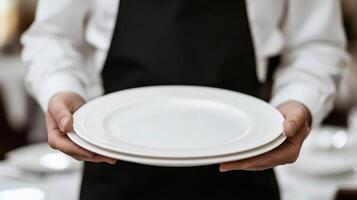 A waiter holding two empty plates in front of a table photo