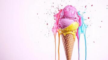 An ice cream cone with colorful paint splatters photo