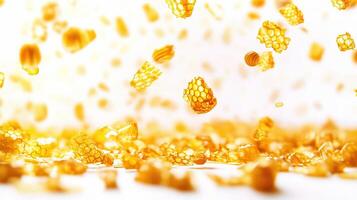 A bunch of yellow corn kernels are falling photo