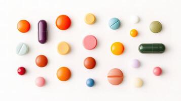 A group of colorful pills arranged on a white surface photo
