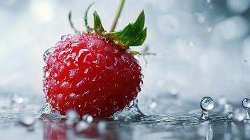 A raspberry is covered in water drops photo