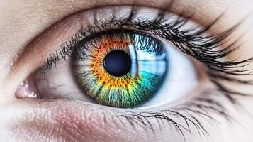 A close up of a person's eye with a colorful iris photo