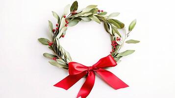 A wreath with red ribbon and leaves photo