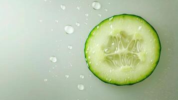 A slice of cucumber is shown with water droplets photo